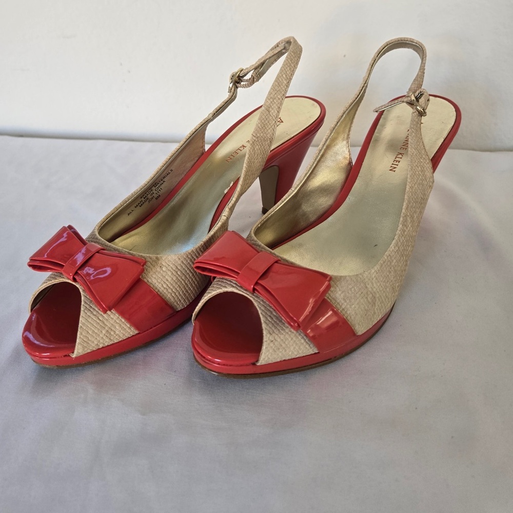 Anne Klein Slingback Pumps | Orange & Cream Bow Heels | Size 8M